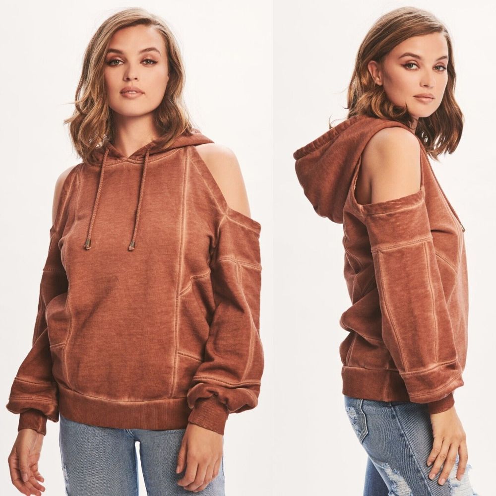 Retrofete Cold Shoulder Relaxed Washed Terry Hoodie In Brown Glazed Ginger Sz M